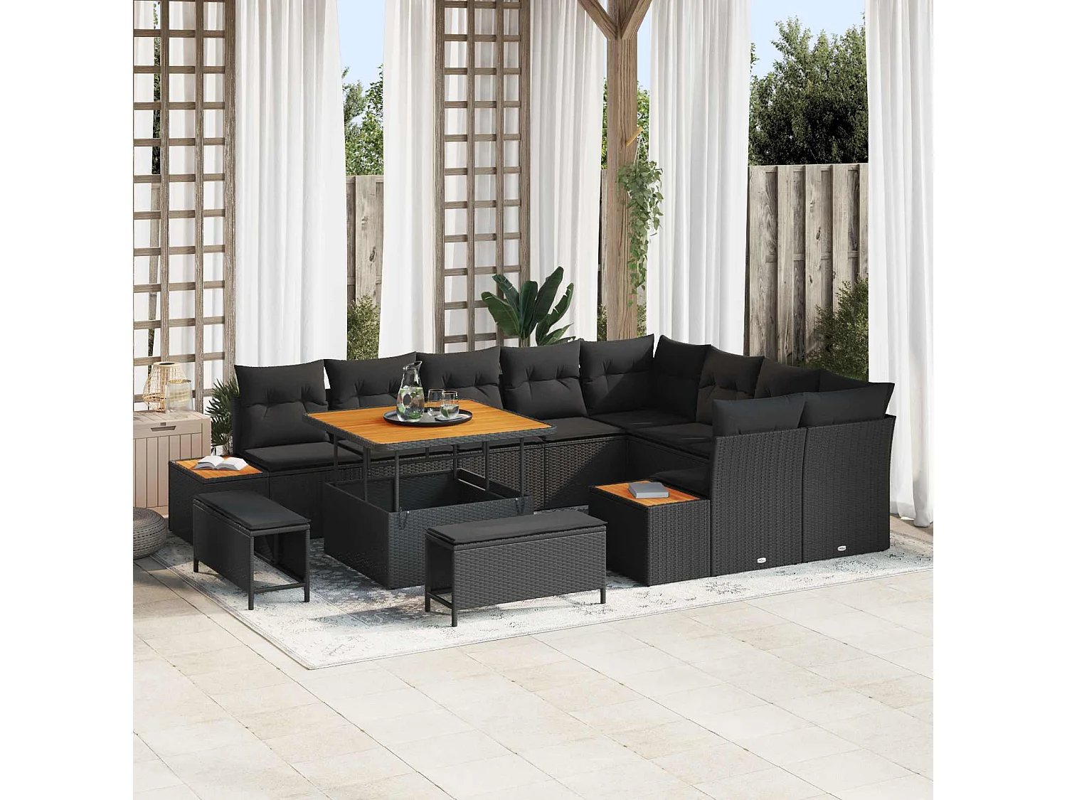 Tuinbankenset 12 pcs Zwart Poly Riet en Poedercoated Staal