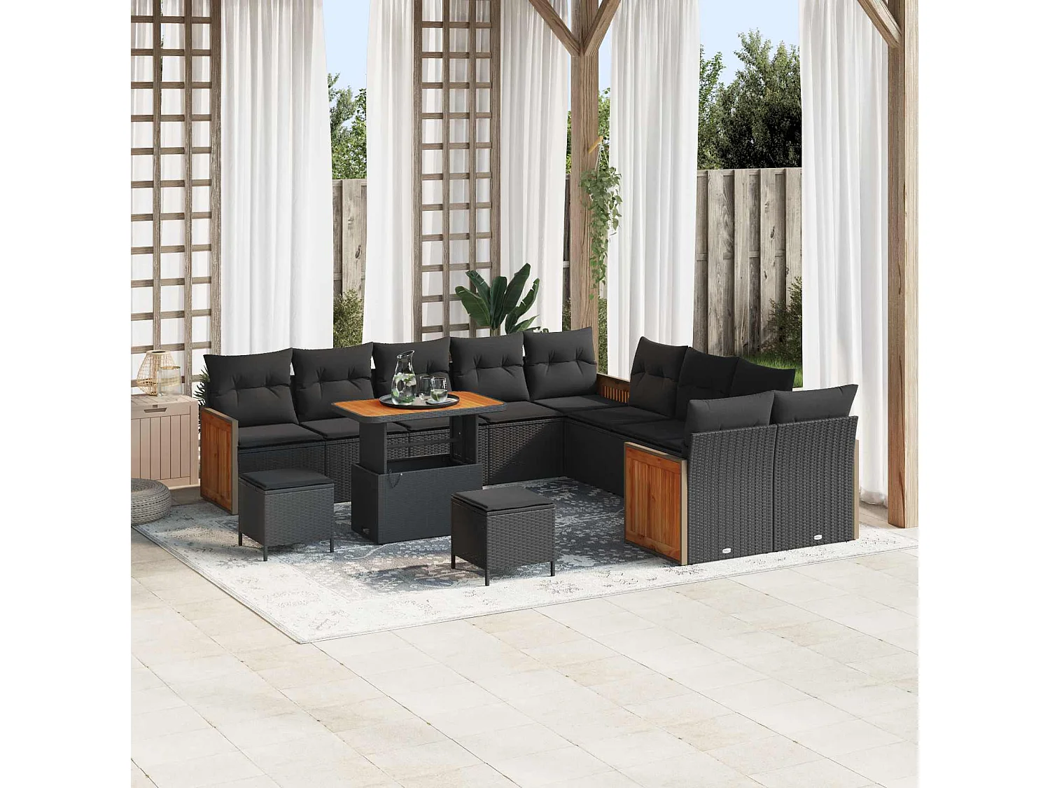 Set Divano da Giardino con cuscino 13 pcs Nero