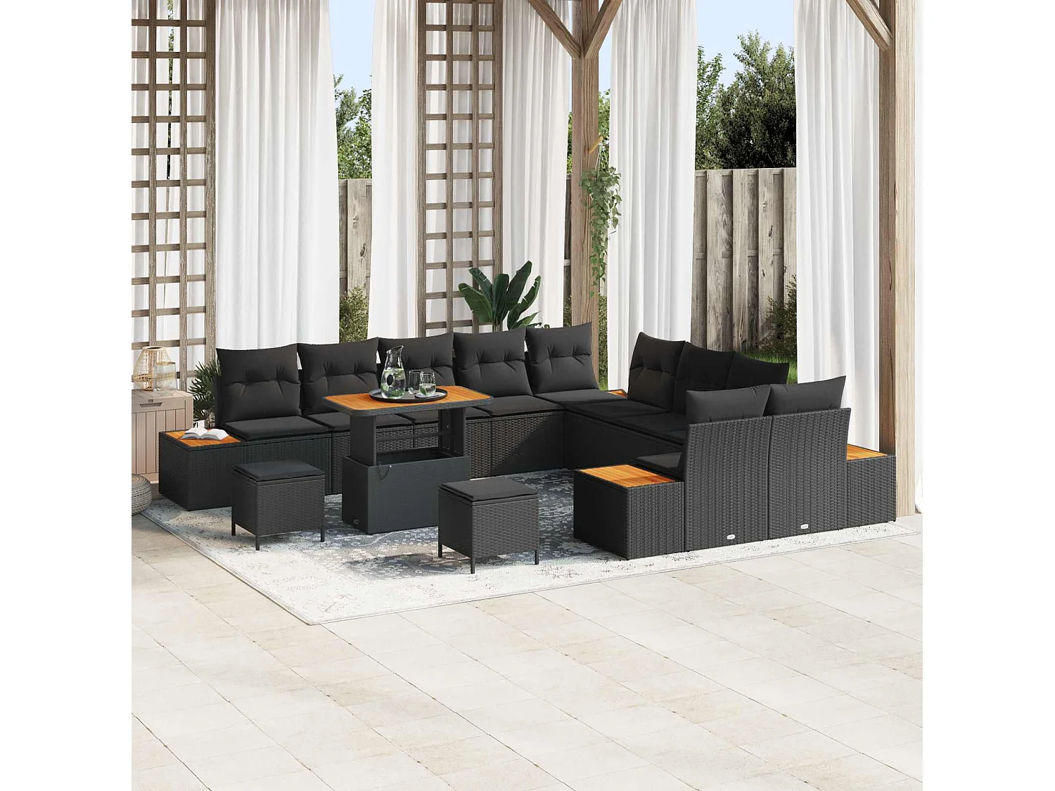 Tuinbankenset 13 pcs Zwart Poly Riet en Poedercoated Staal