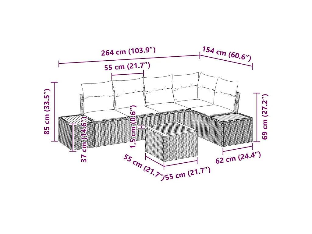 Tuin Sofa Set met kussen 6 pcs Zwart en crème Poly riet