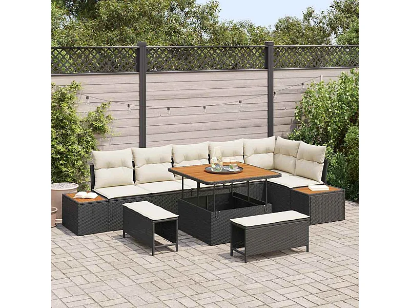 Tuin Sofa Set met kussen 9 pcs Zwart Poly riet