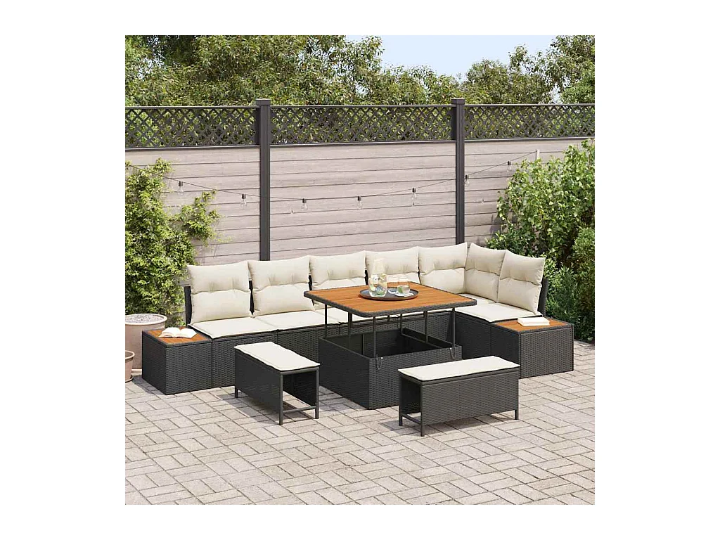 Ensemble de canapé de jardin avec coussin 9 pcs Noir Poly rotin