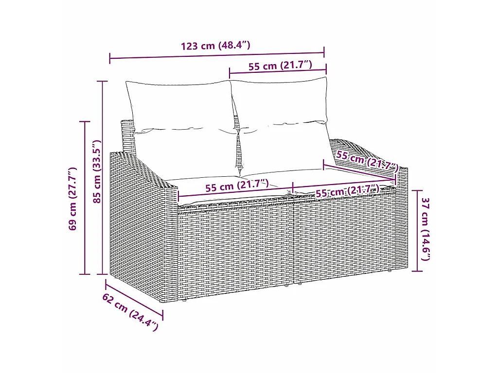 Sofá de jardim com almofada 123 x 62 x 69 cm vime PE