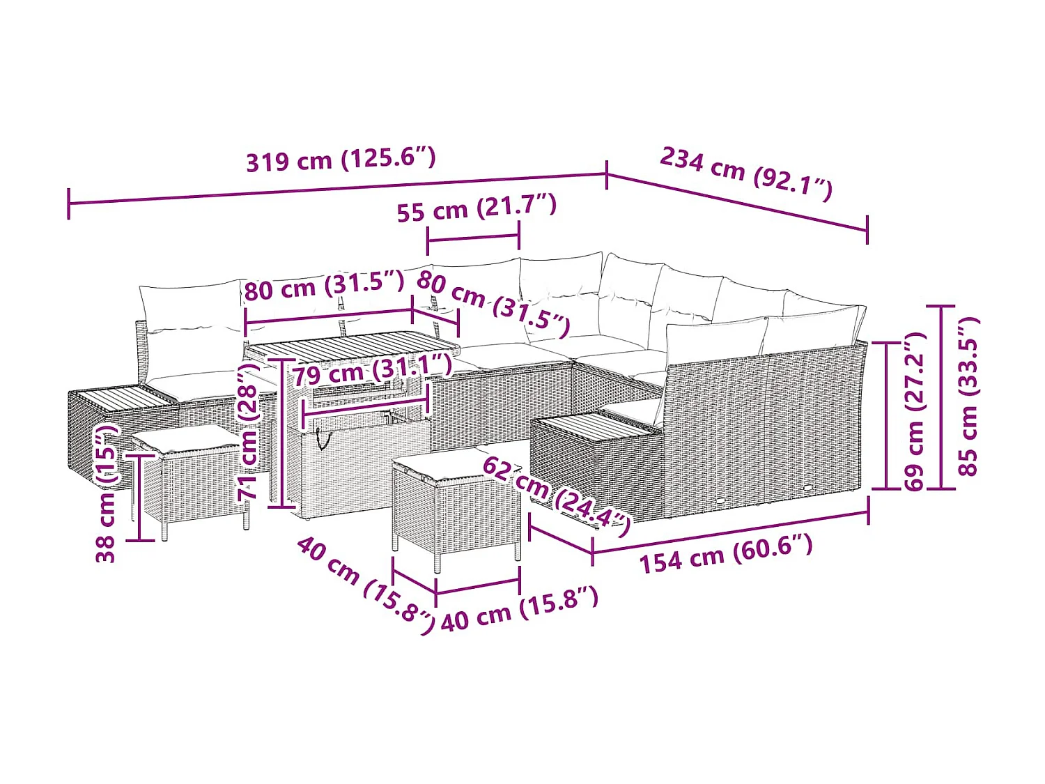 Ensemble de canapé de jardin 12 pcs Noir Poly rotin