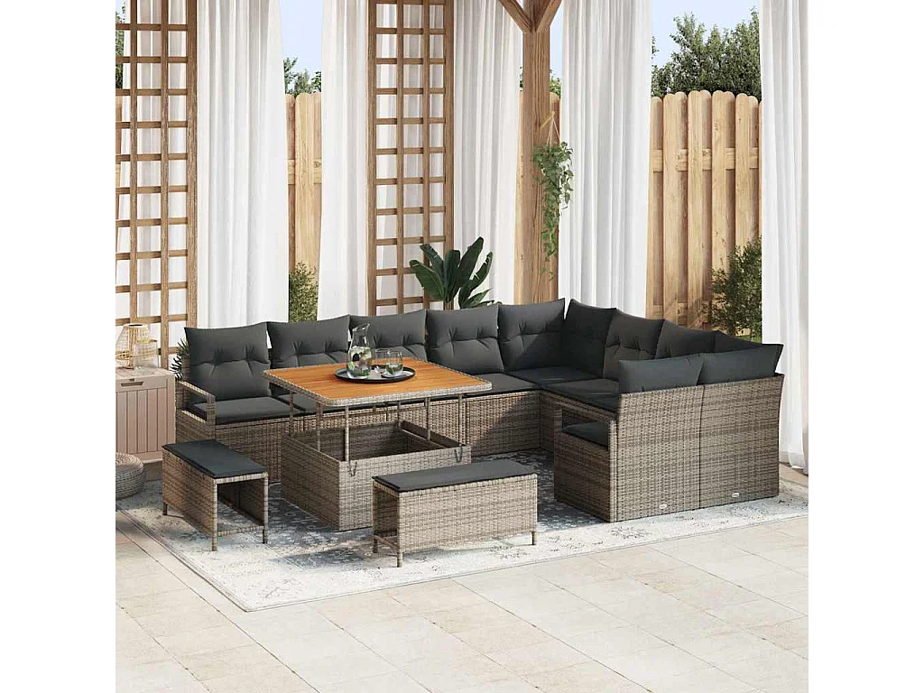 Conjunto de Sofá de Jardim com almofada 12 pcs Cinzeto vime PE