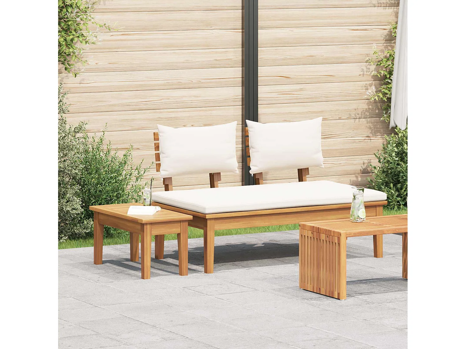 Banc de jardin 2 pcs Crème et marron Bois de teck massif