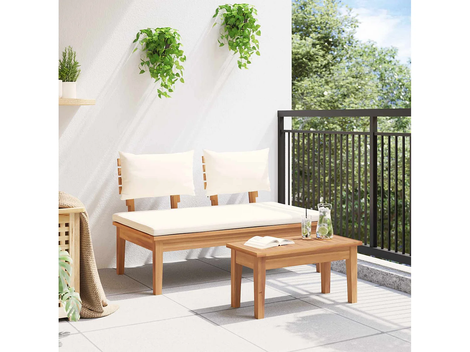 Banc de jardin 2 pcs Crème et marron Bois de teck massif