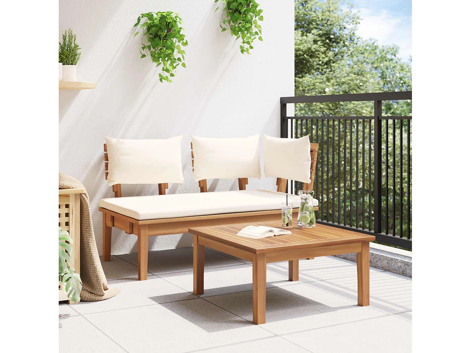 Tuinbank en Tafelset 2 pcs Crème en bruin Massief teakhout