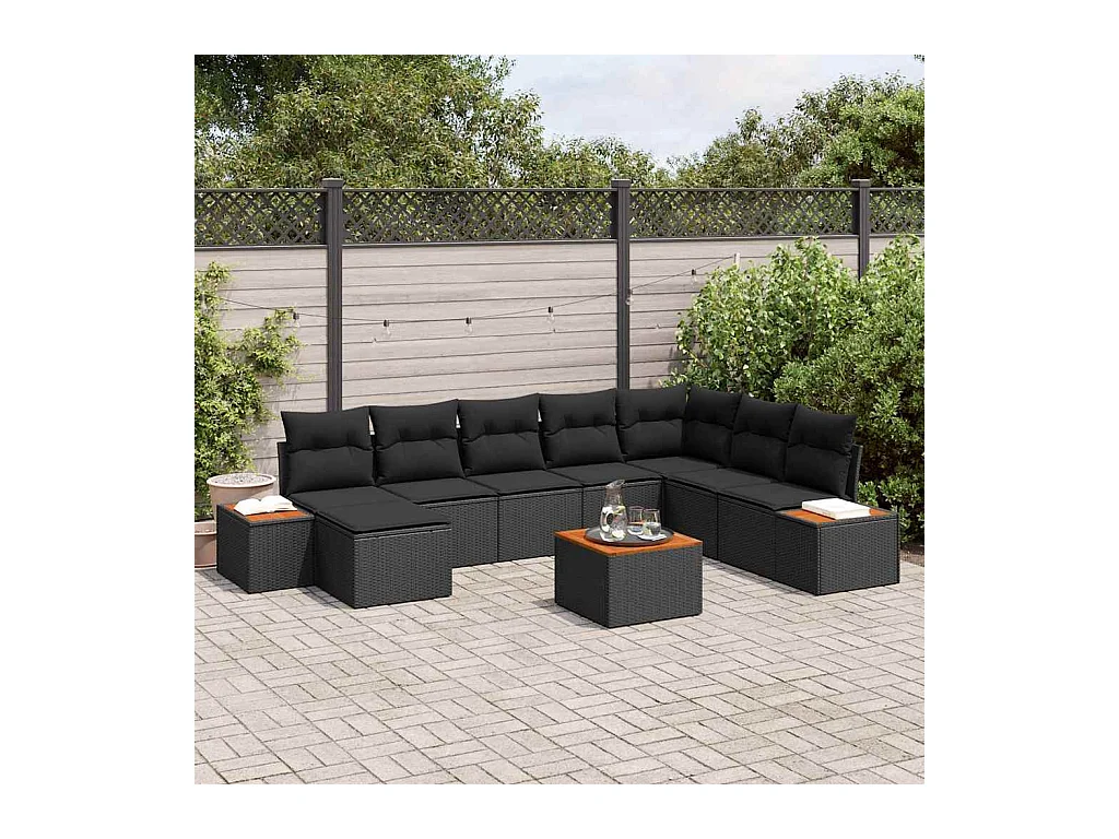 Ensemble de canapé de jardin avec coussin 9 pcs Noir Poly rotin