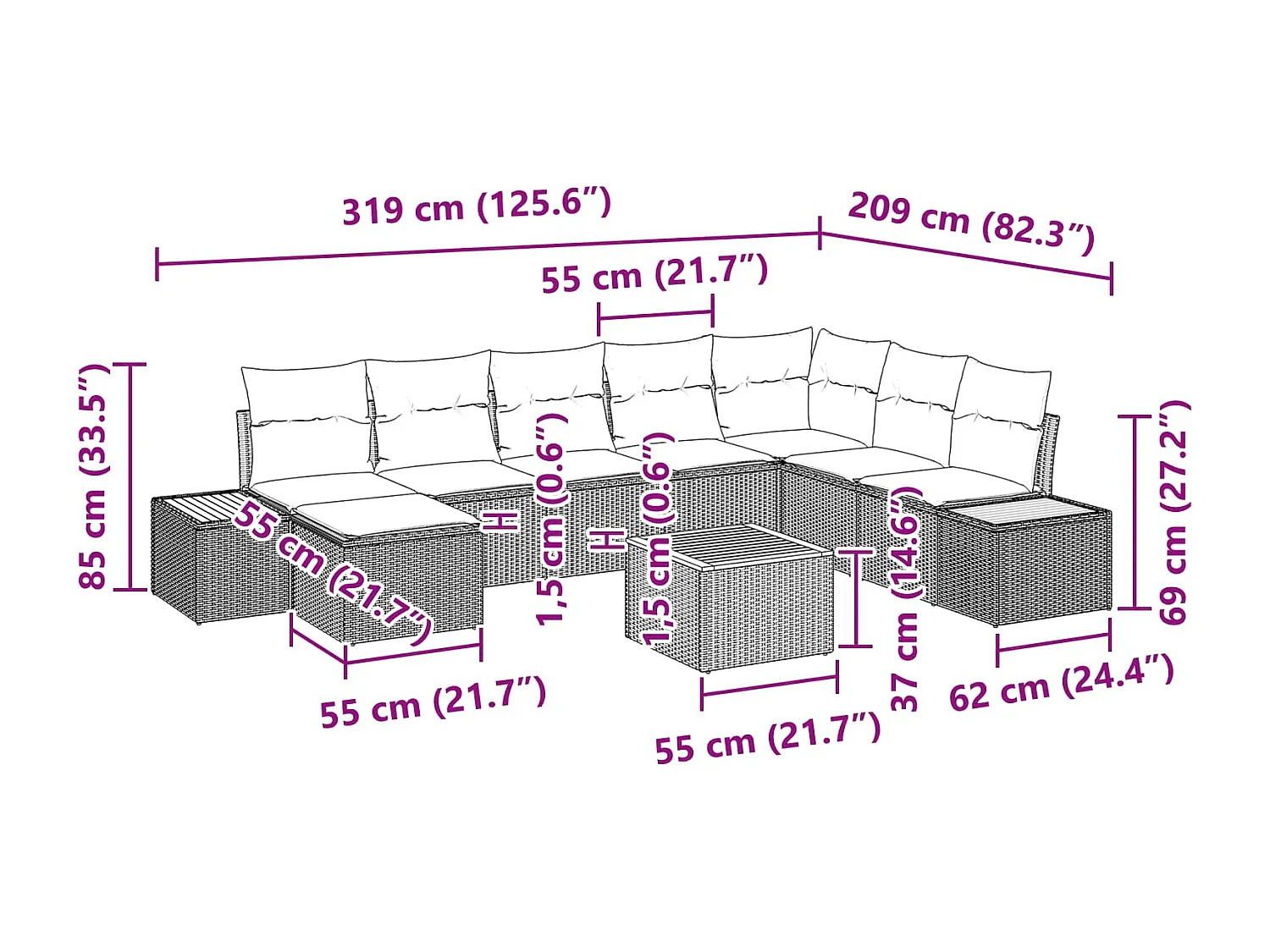 Ensemble de canapé de jardin avec coussin 9 pcs Noir polyrotin