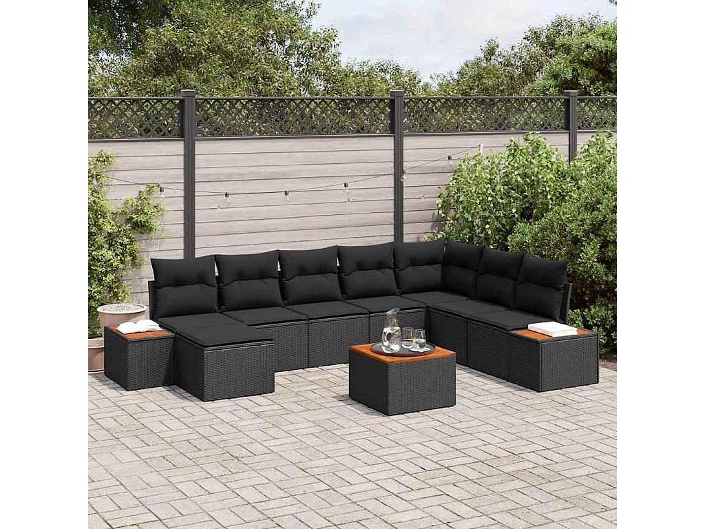 Tuinbankenset met kussen 9 pcs Zwart Poly riet