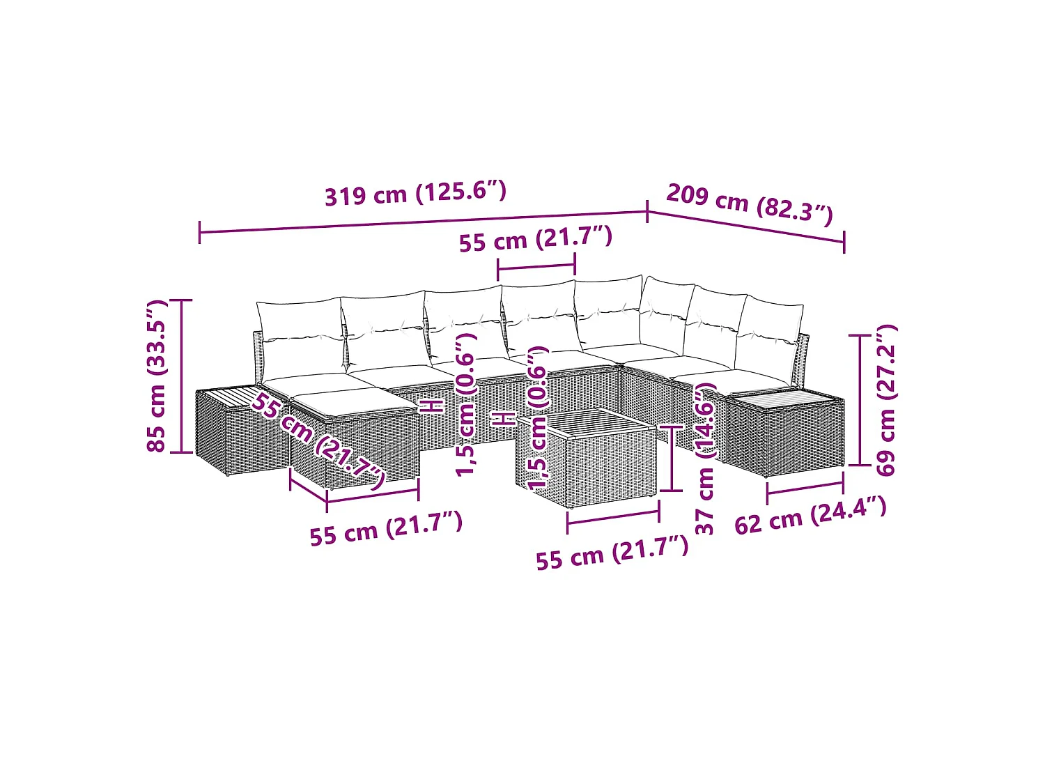 Ensemble de canapé de jardin 9 pc Noir Poly rotin