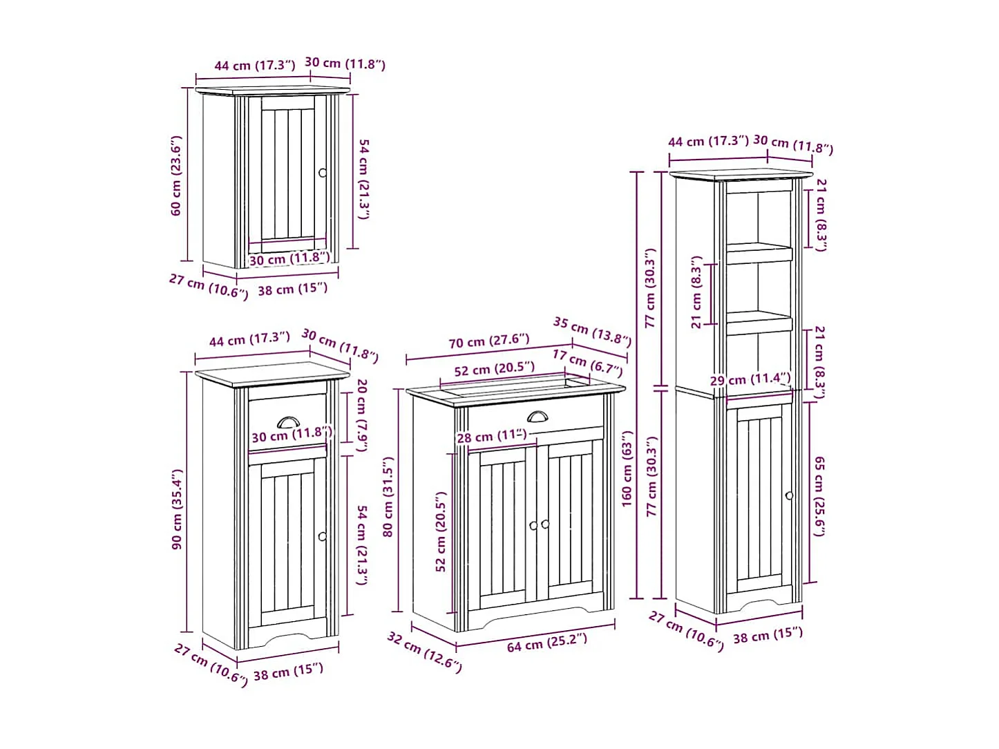 4 pcs conjunto de móveis WC BODO pinho maciço branco castanho