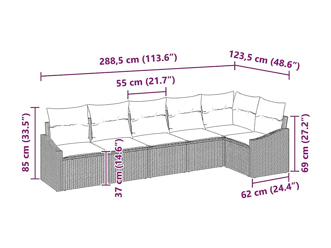 Conjunto de Sofá de Jardim com almofada 6 pcs Cinzeto vime PE