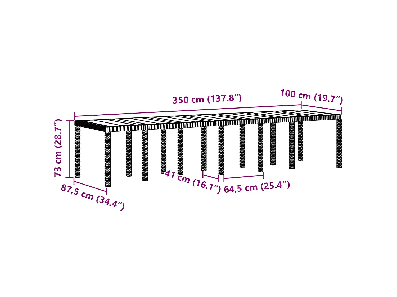 Gartentisch Hellgrau 350 x 100 x 74 cm Poly-Rattan