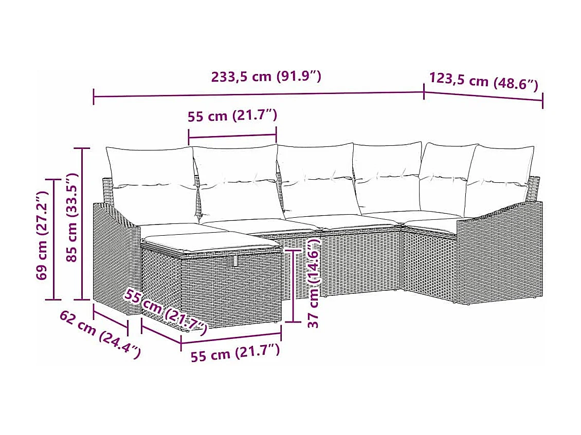 Conjunto de Sofás com almofada 7 pcs vime PE