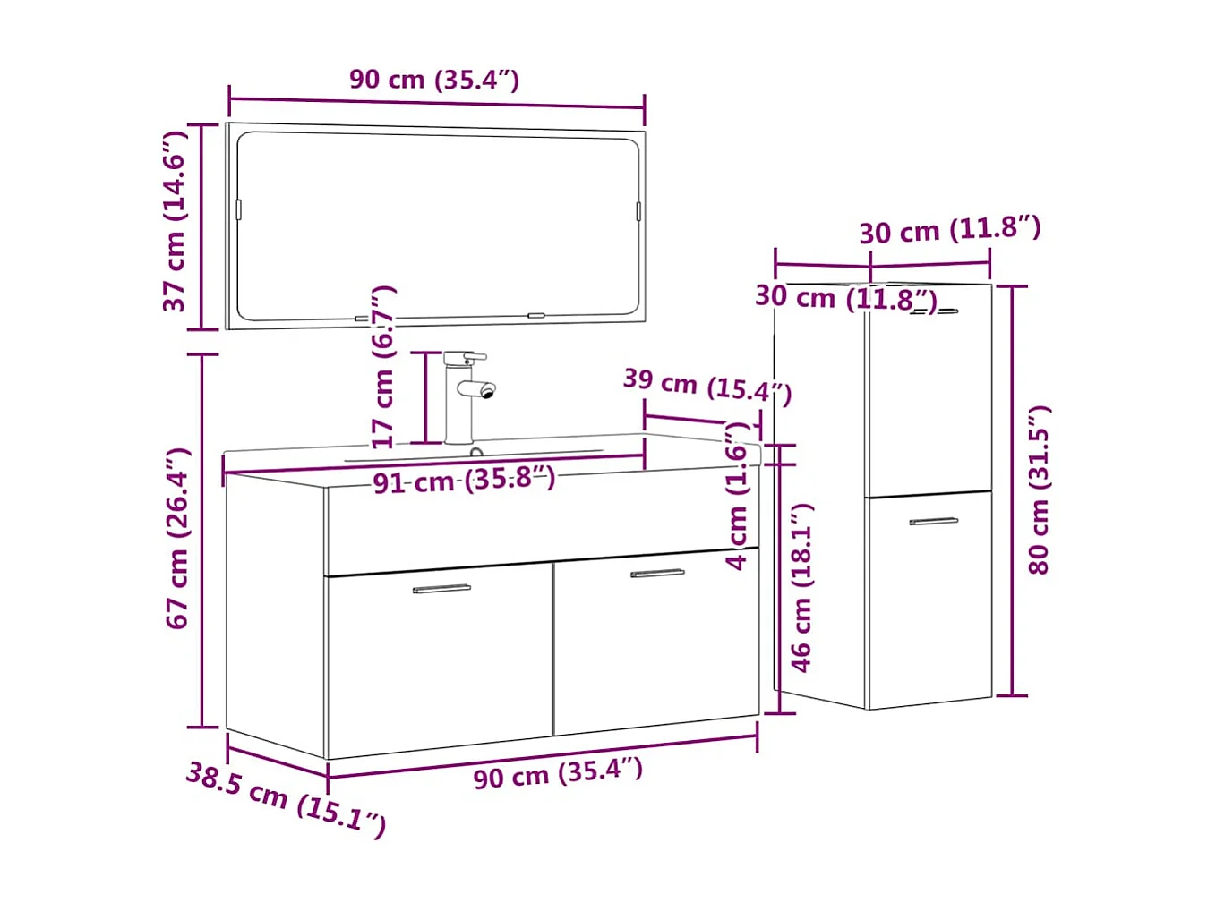 Set Mobili da Bagno 4 pz Grigio Cemento in Legno Multistrato