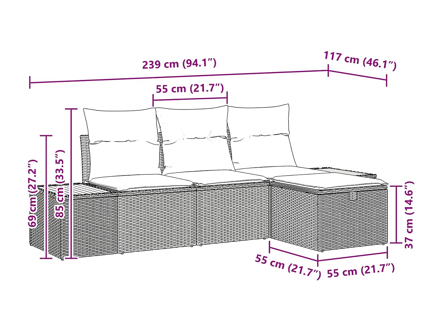 Conjunto de sofá de jardín 4 pcs Negro ratán sintético