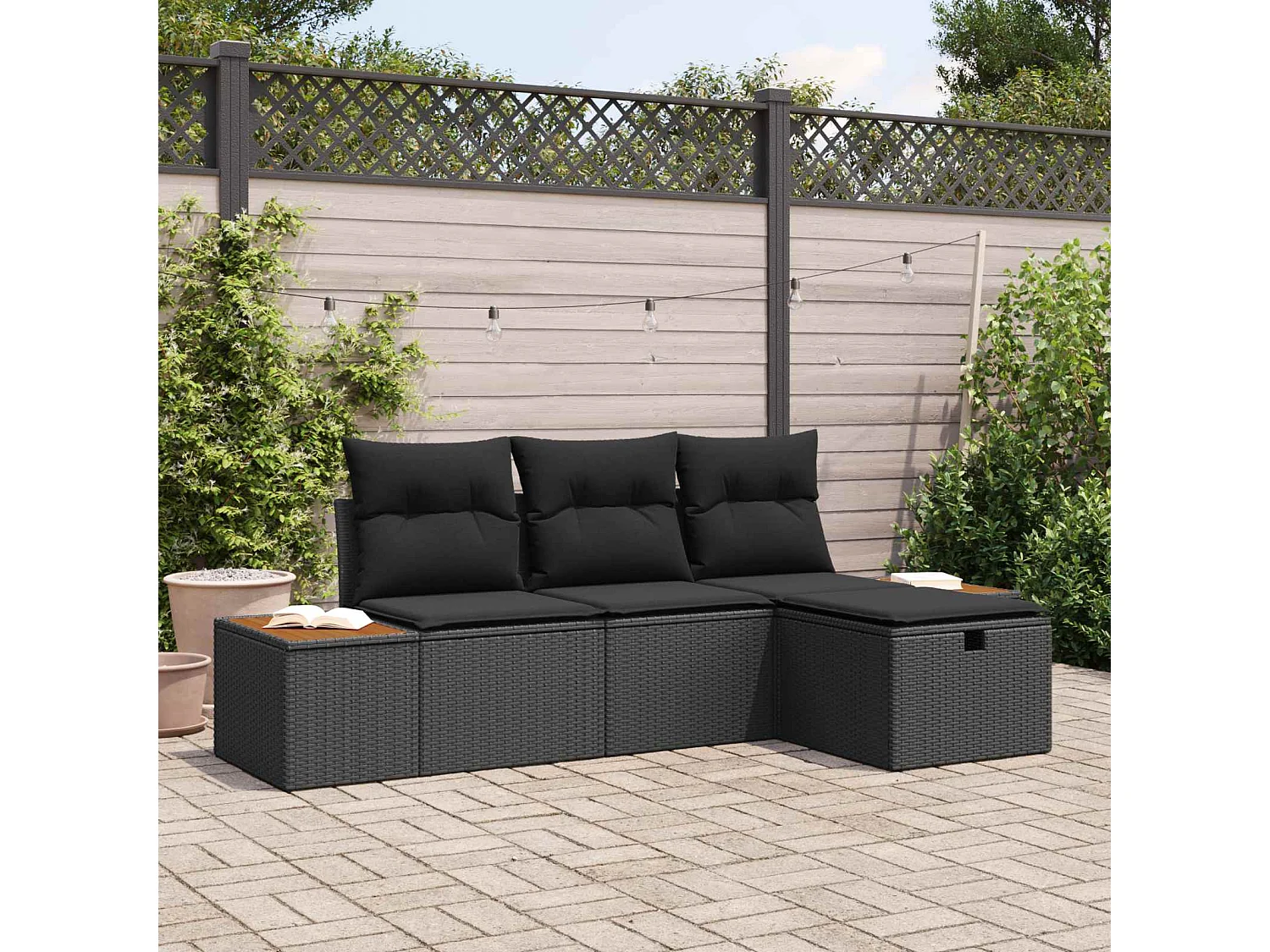 Set Divano da Giardino con cuscino 4 pcs Nero polyrattan