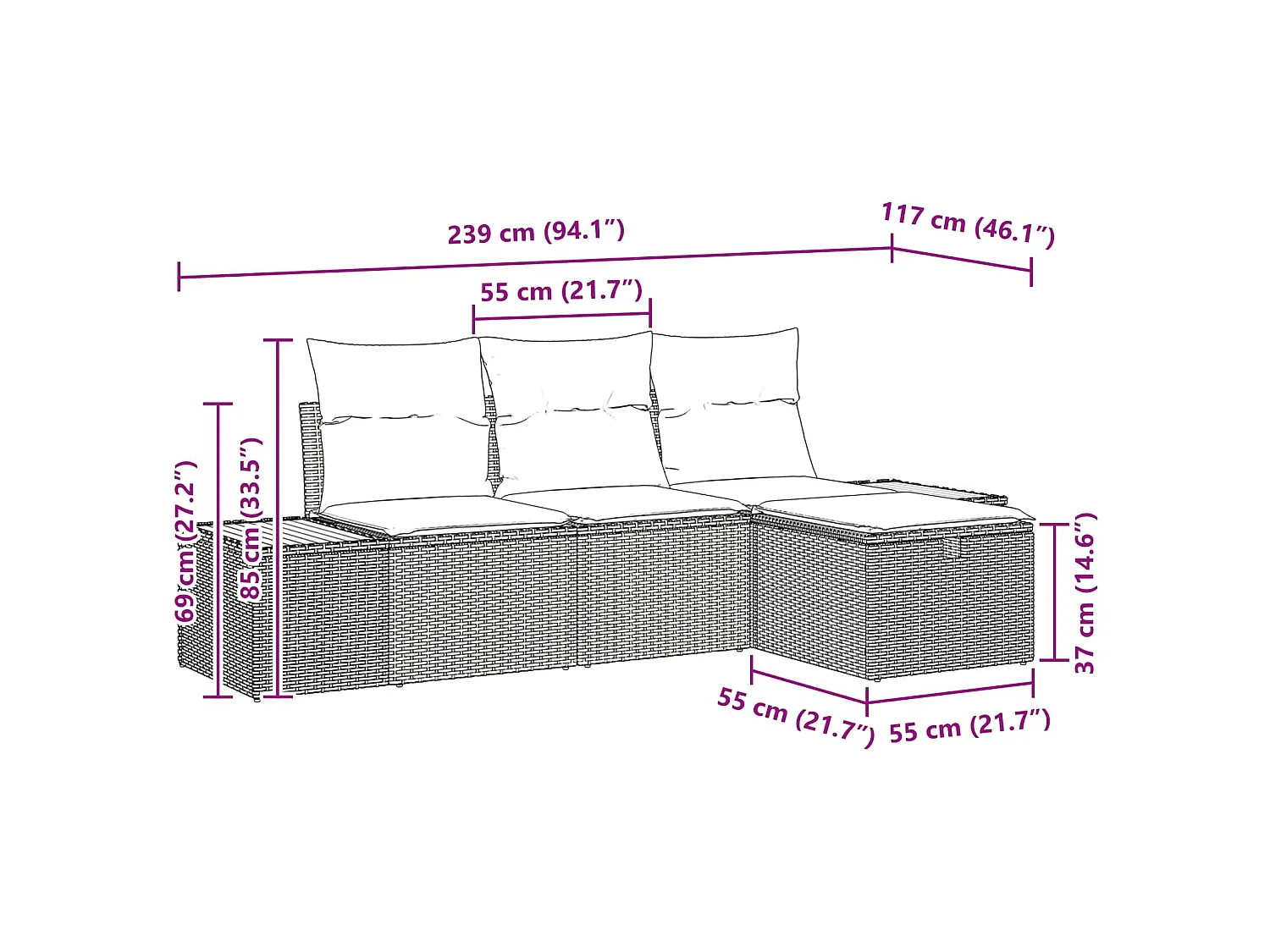 Set Divano da Giardino con cuscino 4 pcs Nero polyrattan