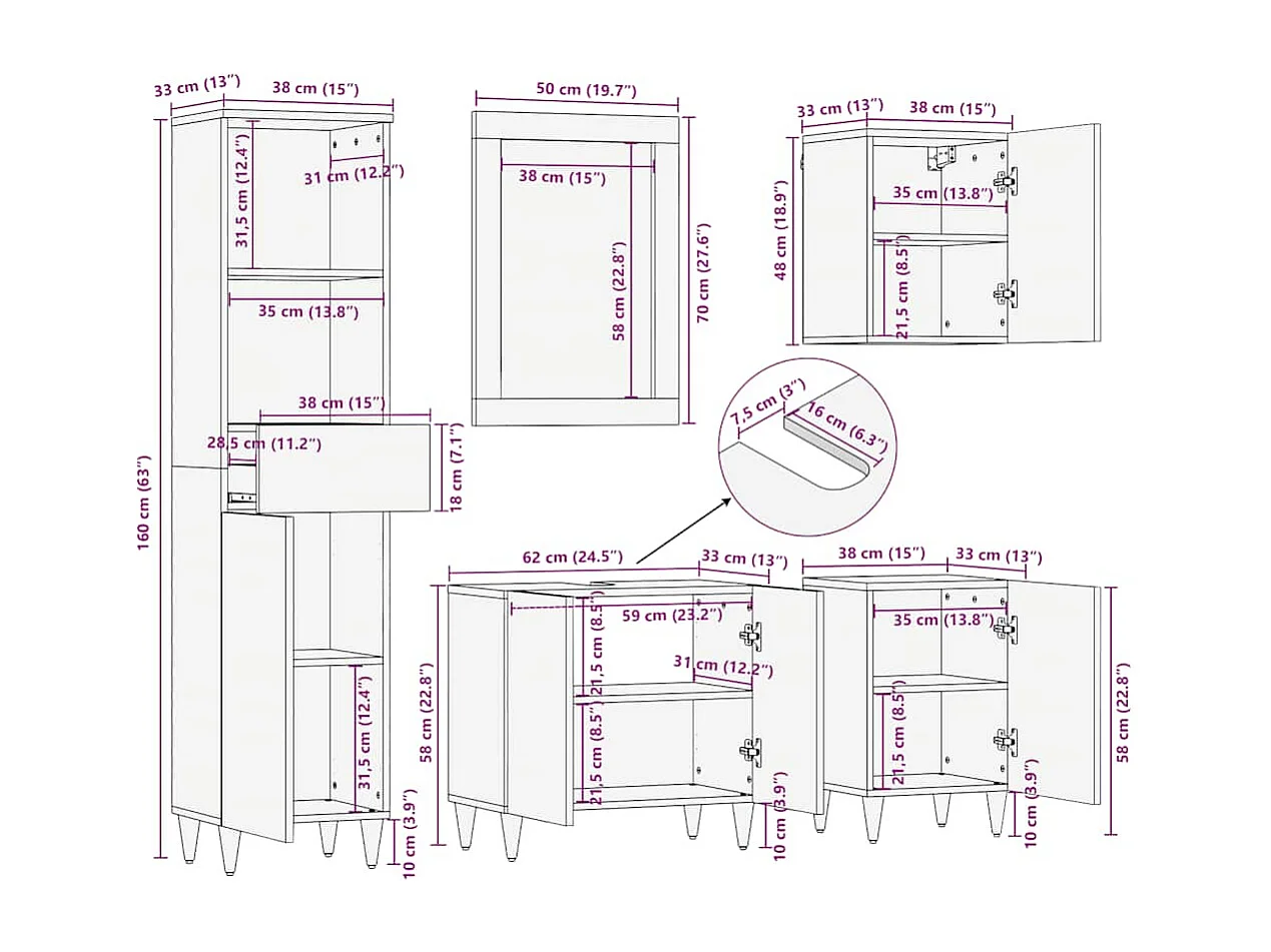 5 pcs conj. móveis p/ casa de banho madeira de mangueira maciça