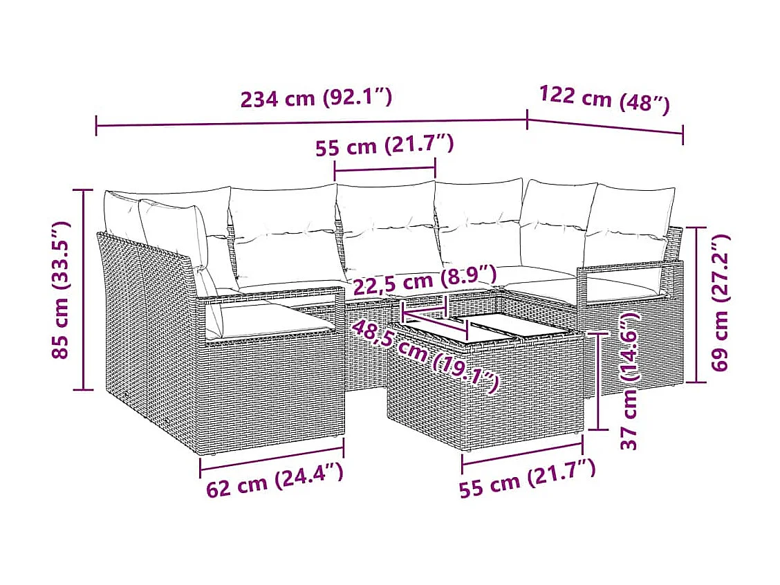 Conjunto de sofá de jardín con cojín Manual 7 pcs Beige y gris