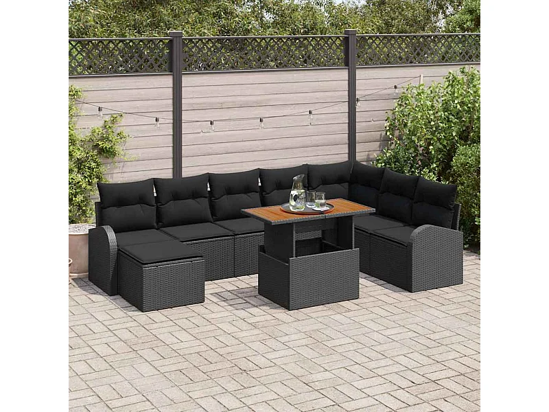 Set Divano da Giardino con cuscino 9 pcs Nero