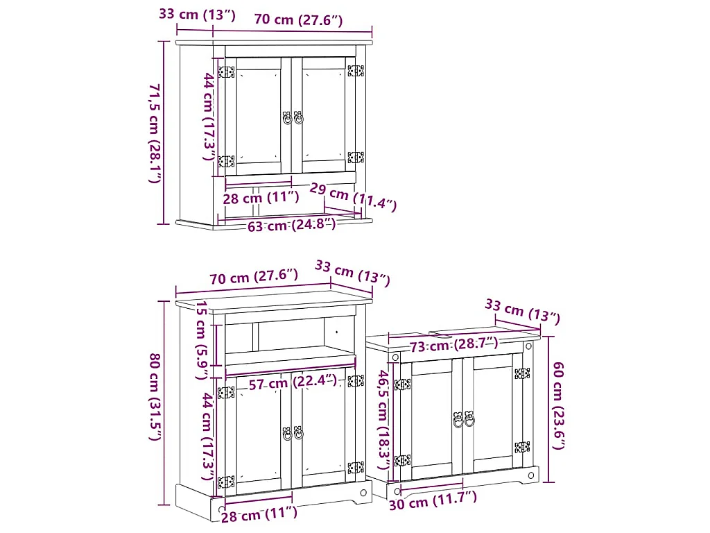 Ensemble de meubles salle de bain 3 pcs Corona bois pin massif