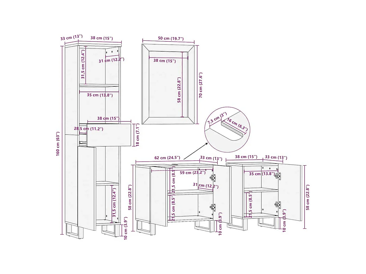 Ensemble de meubles de salle de bain 4 pcs noir manguier massif