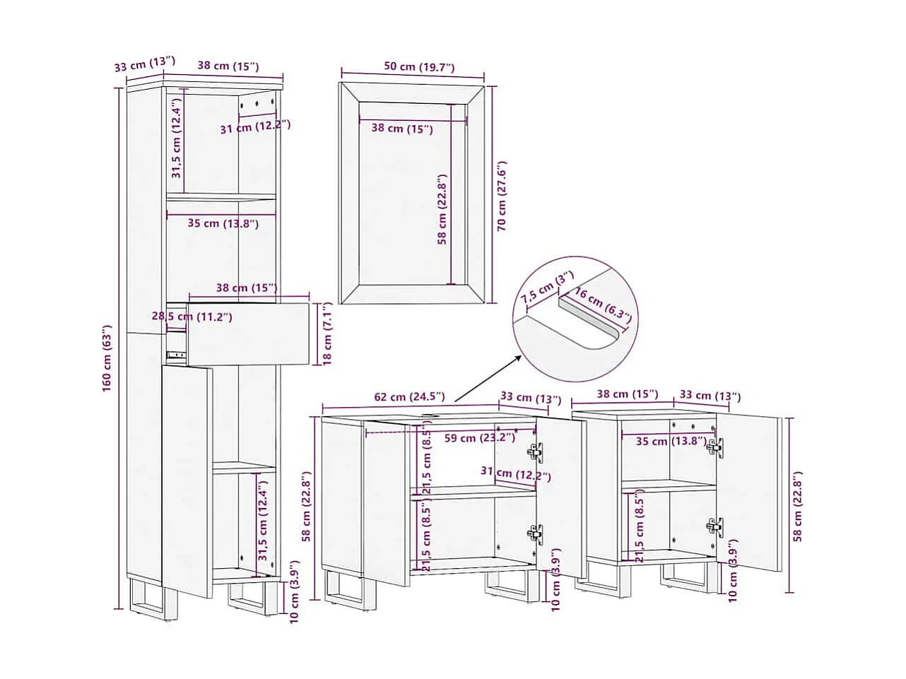 Ensemble de meubles de salle de bain 4 pcs noir manguier massif