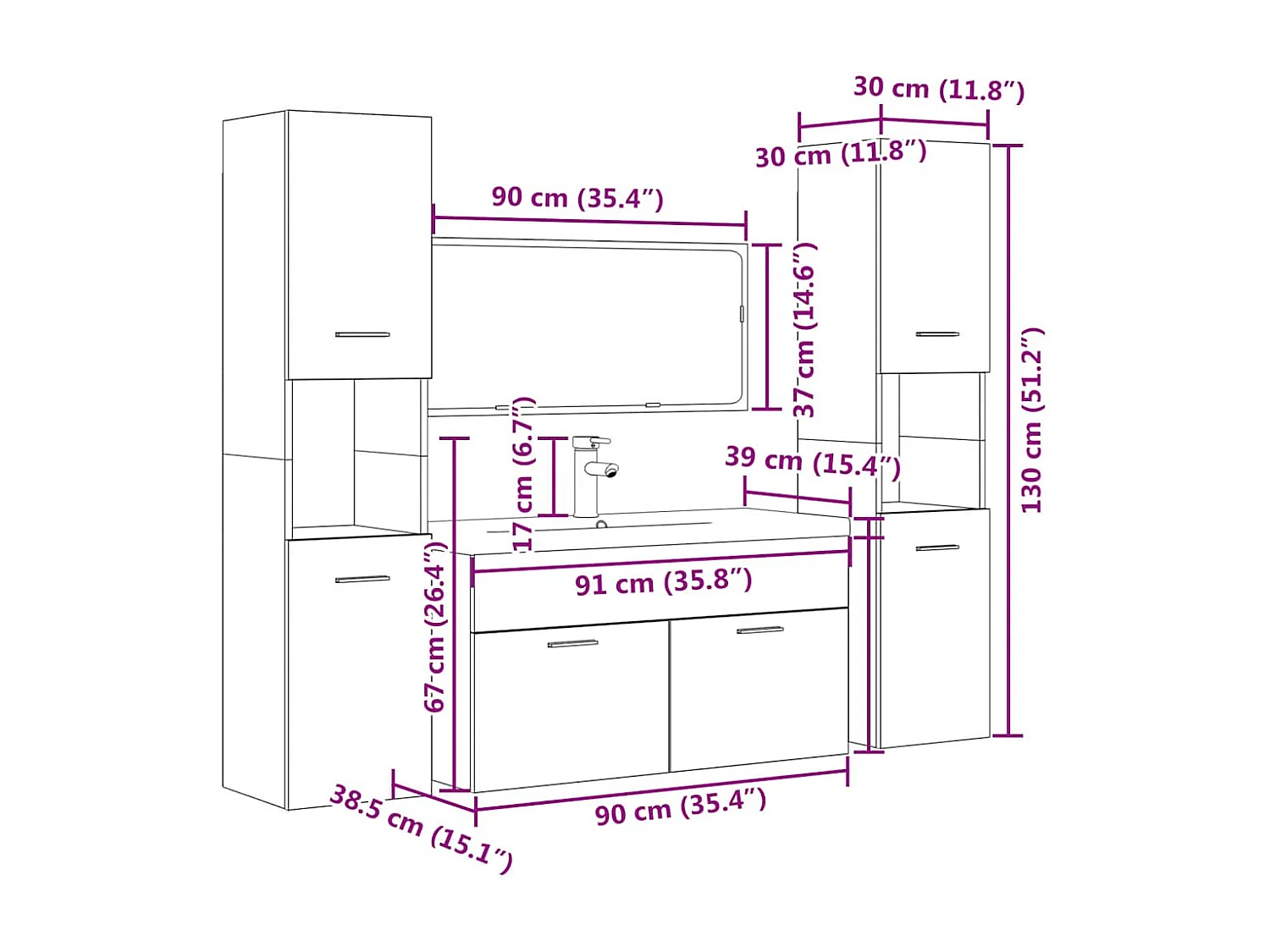 Set Mobili da Bagno 5 pz Grigio Cemento in Legno Multistrato
