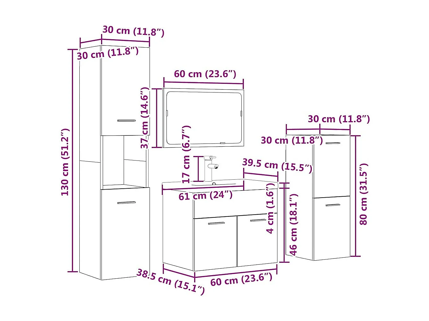 5-delige Badkamermeubelset bewerkt hout betongrijs