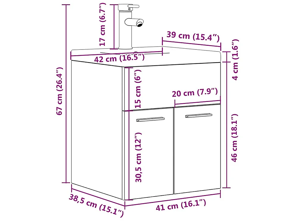 Wastafelmeubel met inbouwwastafel en kraan Sonoma eikenhout