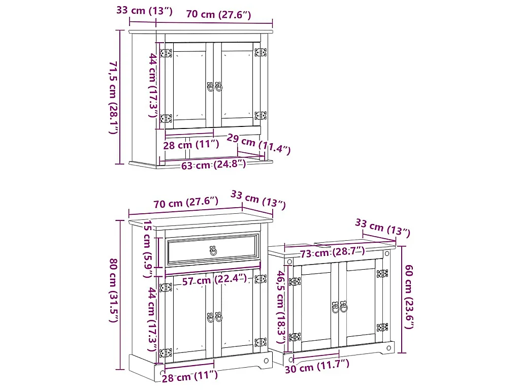 Ensemble de meubles salle de bain 3 pcs Corona bois pin massif