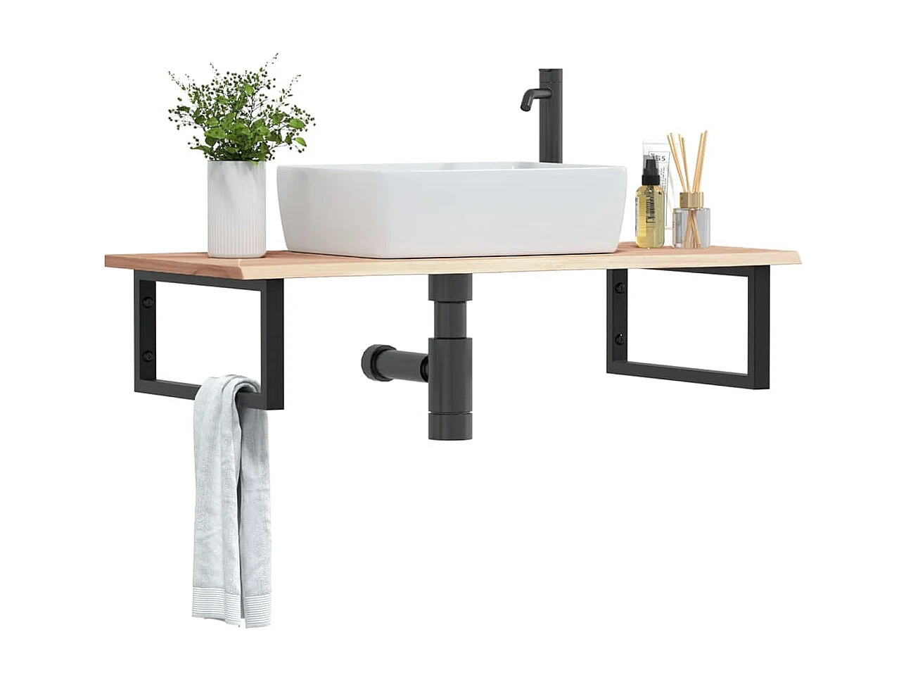 Ripiano a Parete per Lavabo in Acciaio e Massello di Rovere