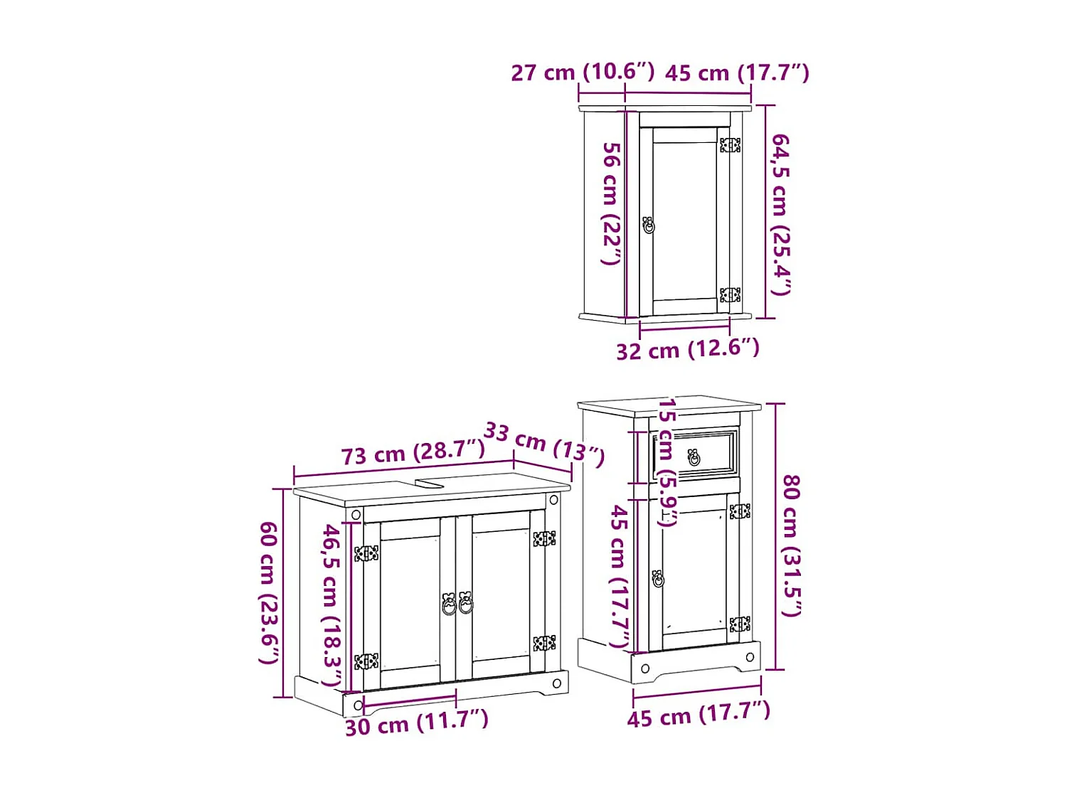 Ensemble de meubles salle de bain 3 pcs Corona bois pin massif