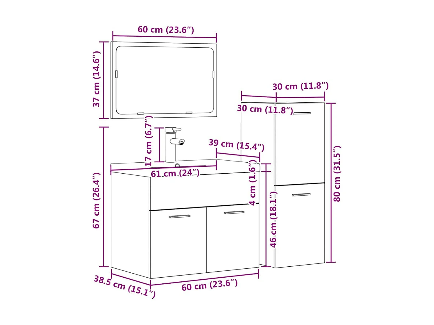 4-delige Badkamermeubelset bewerkt hout betongrijs