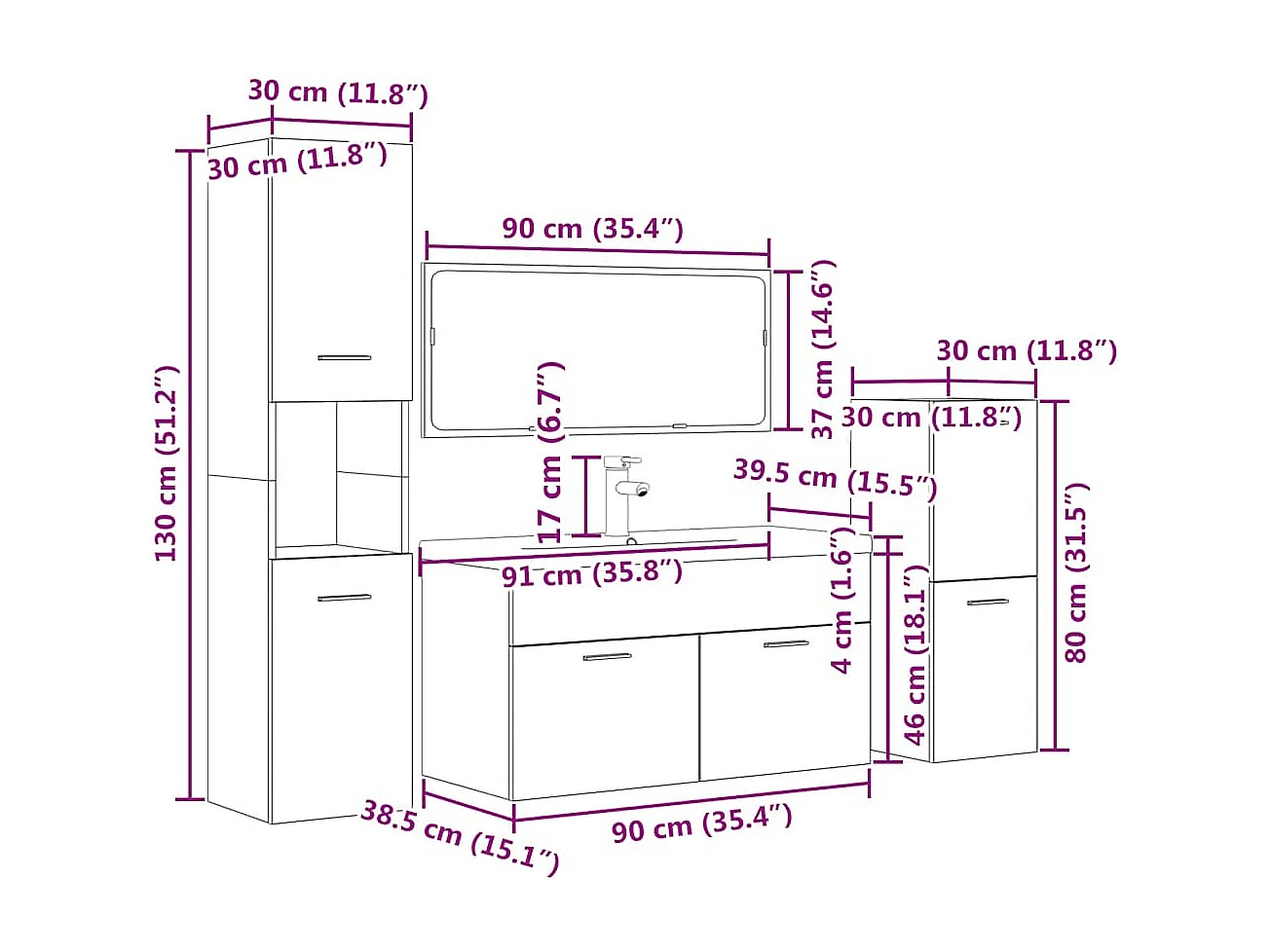 Set Mobili da Bagno 5 pz Grigio Cemento in Legno Multistrato