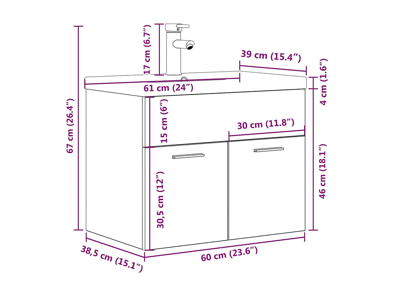 Wastafelmeubel met inbouwwastafel en kraan Sonoma eikenhout