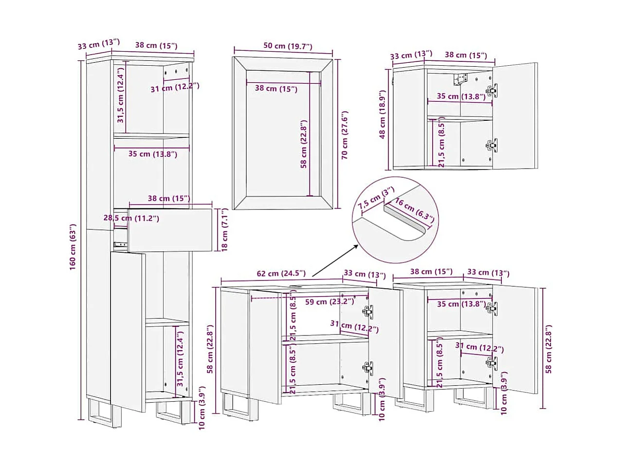 Ensemble de meubles de salle de bain 5 pcs noir manguier massif