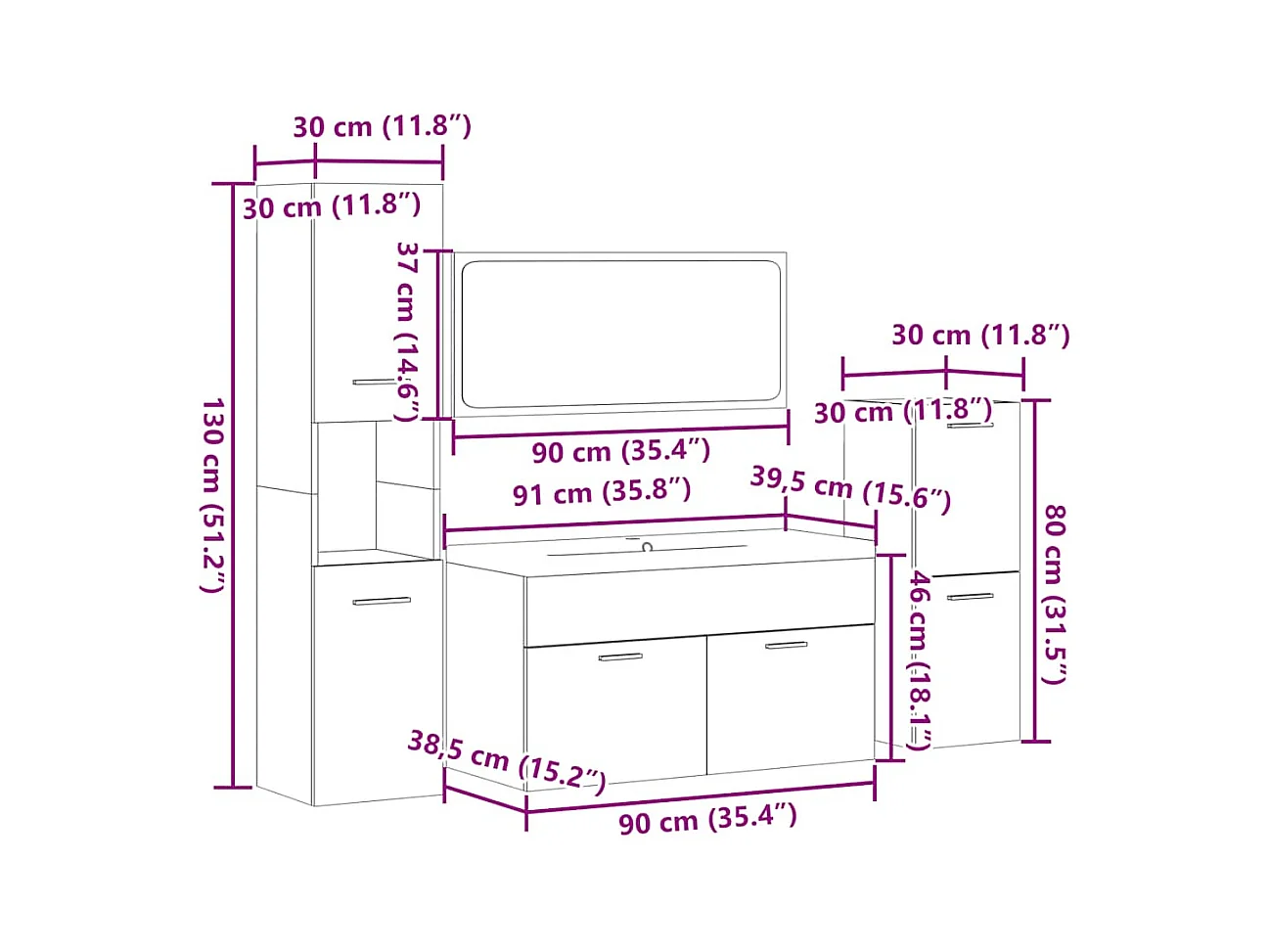 5-delige Badkamermeubelset bewerkt hout betongrijs