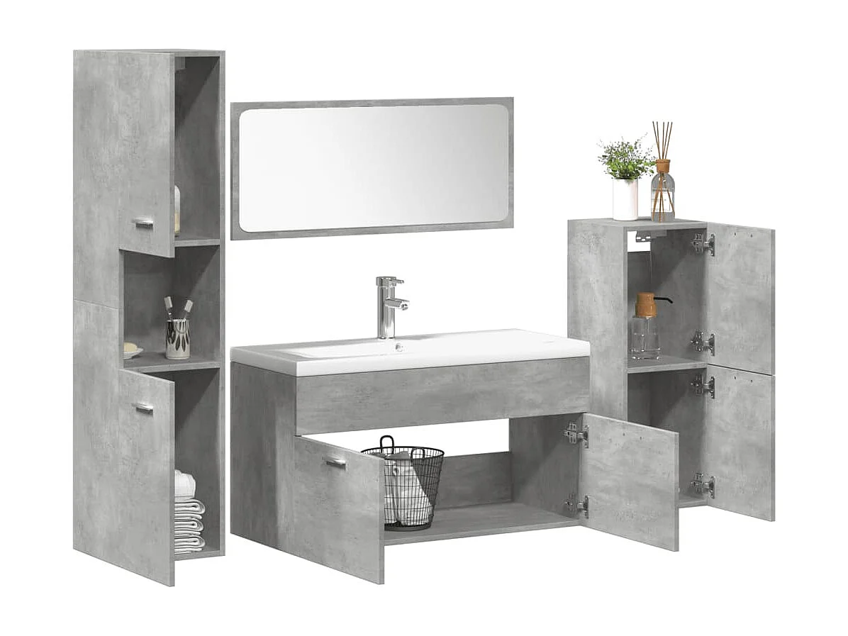 Set Mobili da Bagno 5 pz Grigio Cemento in Legno Multistrato