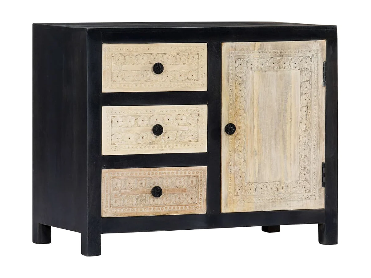 Beistellschrank Handgeschnitzt Grau 75x35x60cm Massivholz Mango
