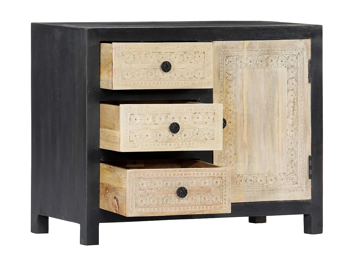 Beistellschrank Handgeschnitzt Grau 75x35x60cm Massivholz Mango