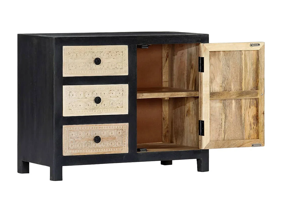 Beistellschrank Handgeschnitzt Grau 75x35x60cm Massivholz Mango