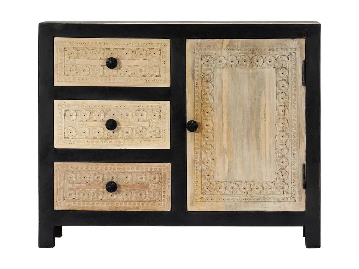 Beistellschrank Handgeschnitzt Grau 75x35x60cm Massivholz Mango