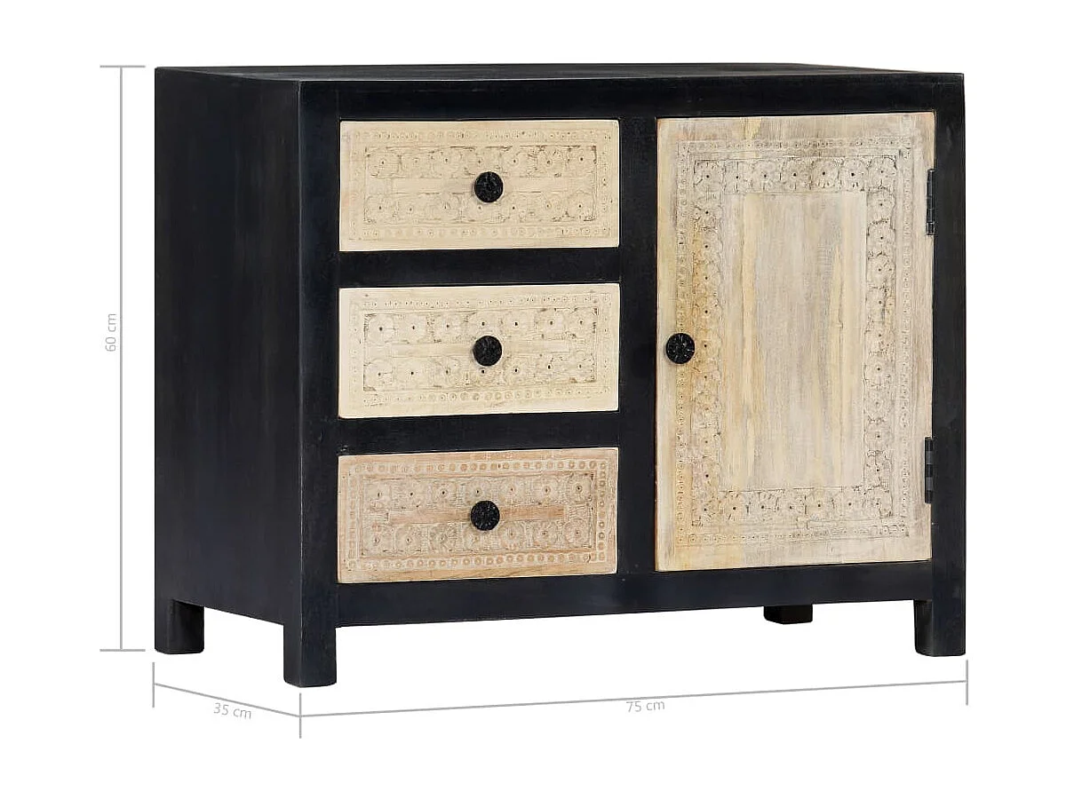 Beistellschrank Handgeschnitzt Grau 75x35x60cm Massivholz Mango