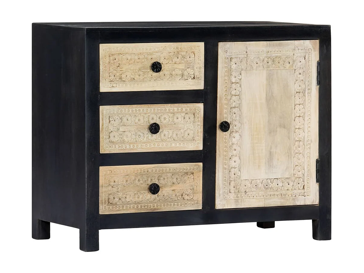 Beistellschrank Handgeschnitzt Grau 75x35x60cm Massivholz Mango