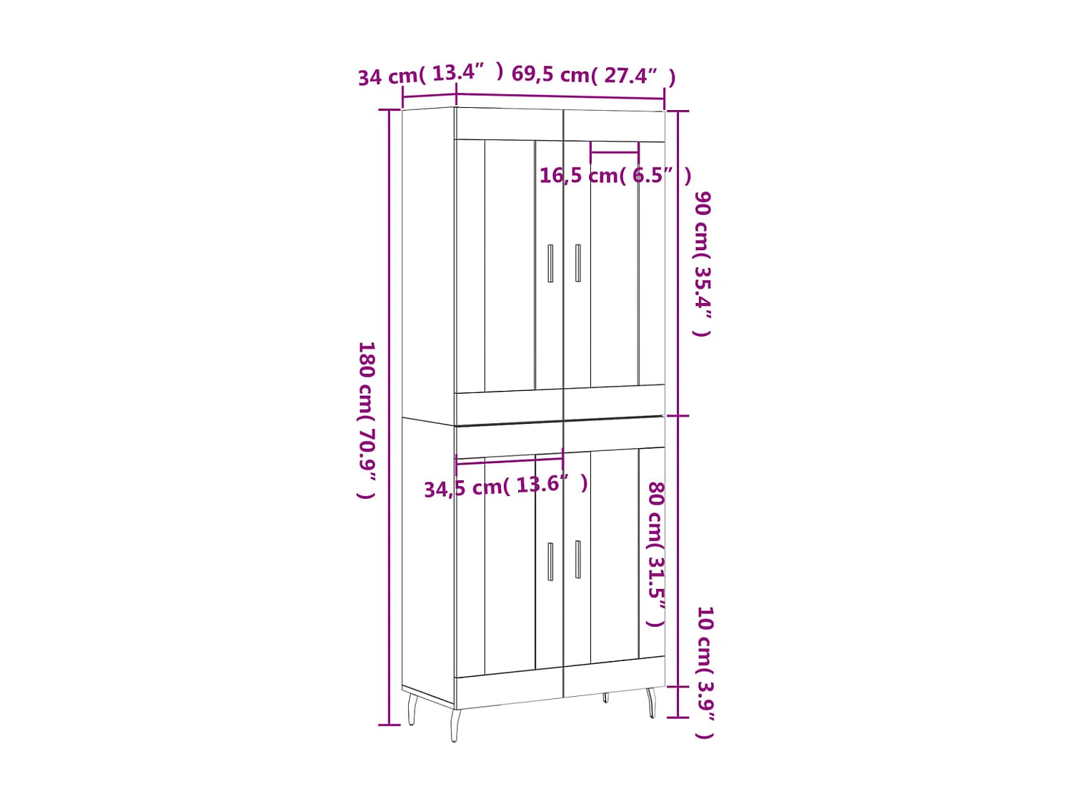 Hoge kast 69,5x34x180 cm bewerkt hout sonoma eikenkleurig