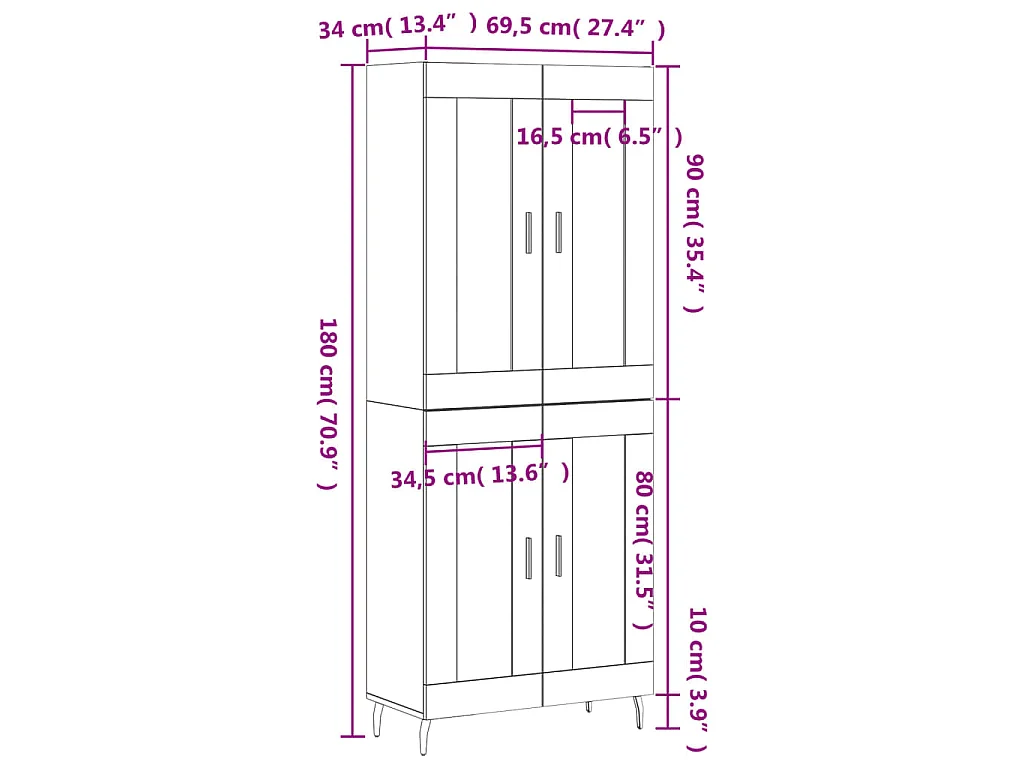 Hoge kast 69,5x34x180 cm bewerkt hout sonoma eikenkleurig